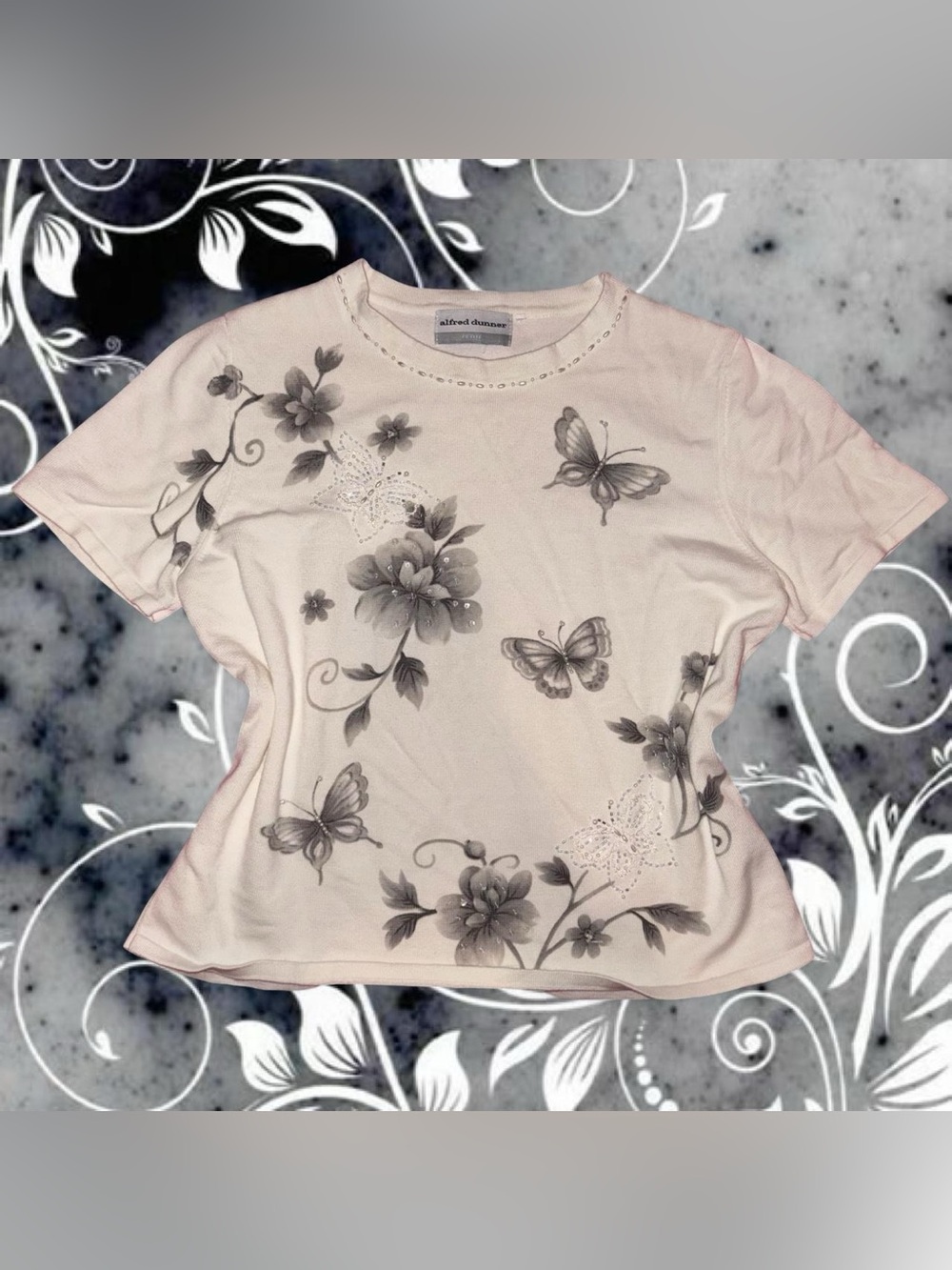 y2k style beaded sequin floral butterfly top - alfred dunner, fits like pmd